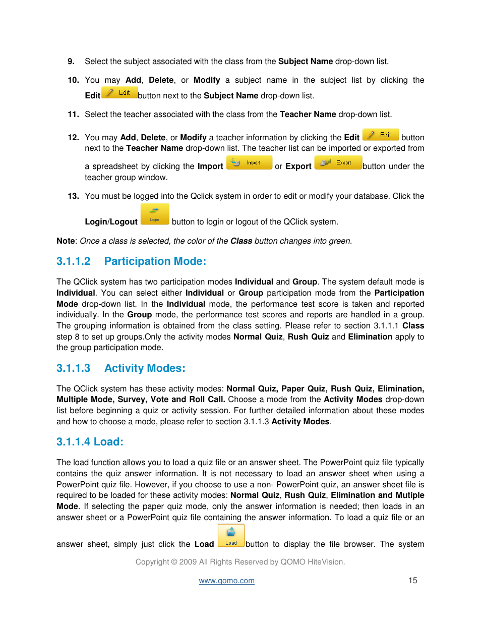 2 participation mode, 3 activity modes, 4 load | QOMO QRF300 User Manual User Manual | Page 15 / 90