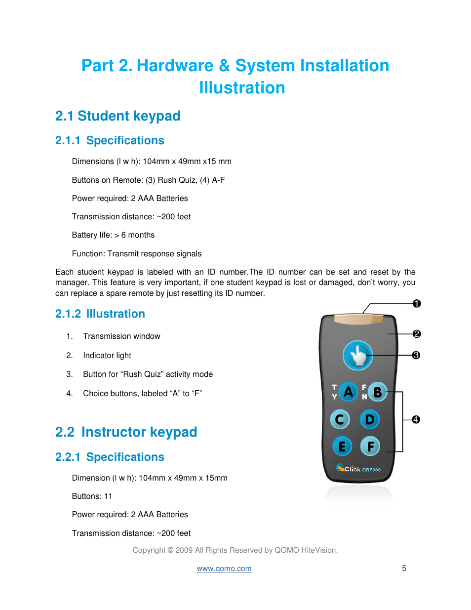 1 student keypad, 2 instructor keypad, 1 specifications | 2 illustration | QOMO QRF300 User Manual User Manual | Page 5 / 90