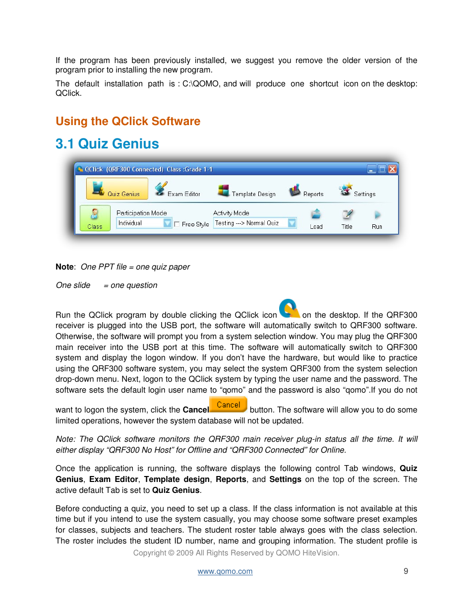 1 quiz genius, Using the qclick software | QOMO QRF300 User Manual User Manual | Page 9 / 90