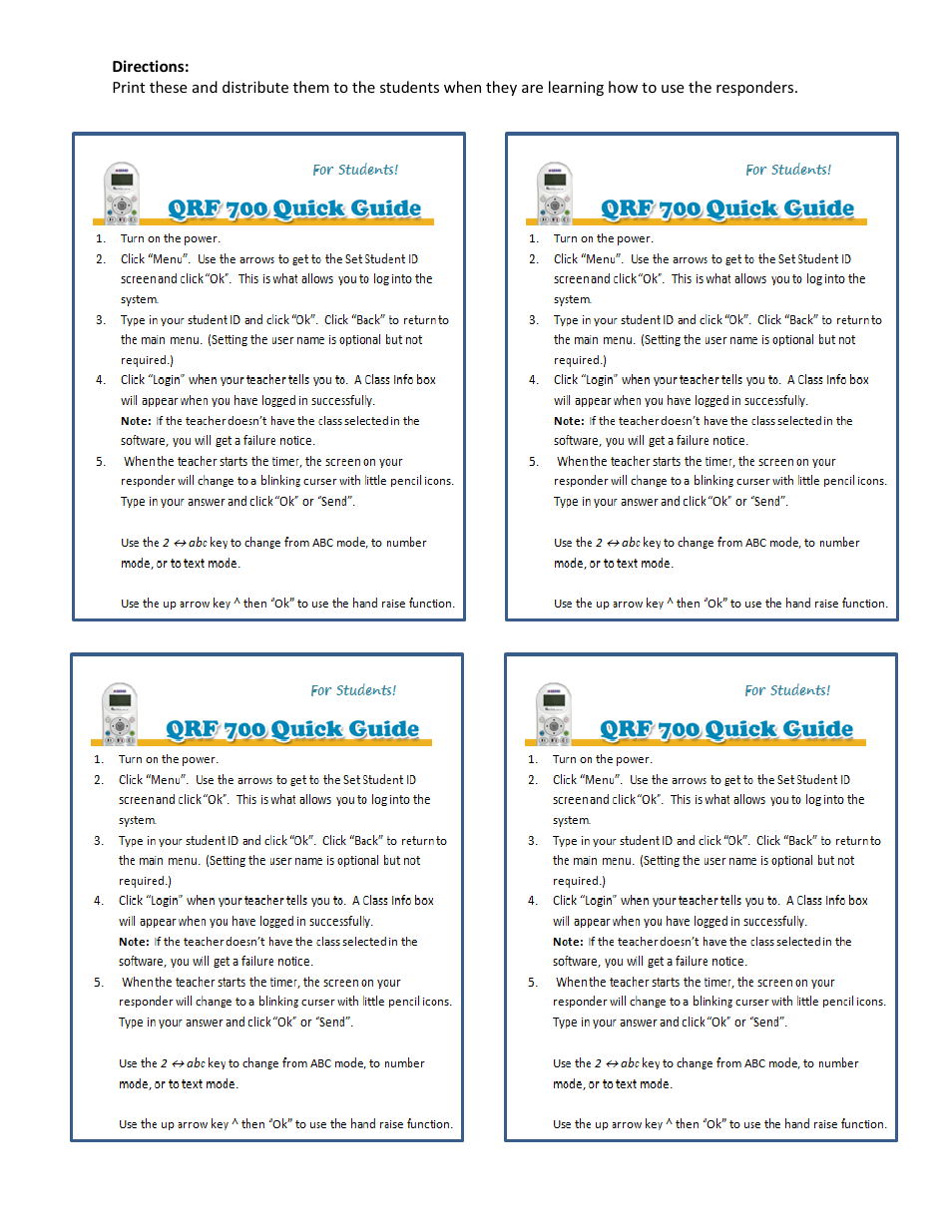 QOMO QRF700 Quick Guide for Students User Manual | 1 page