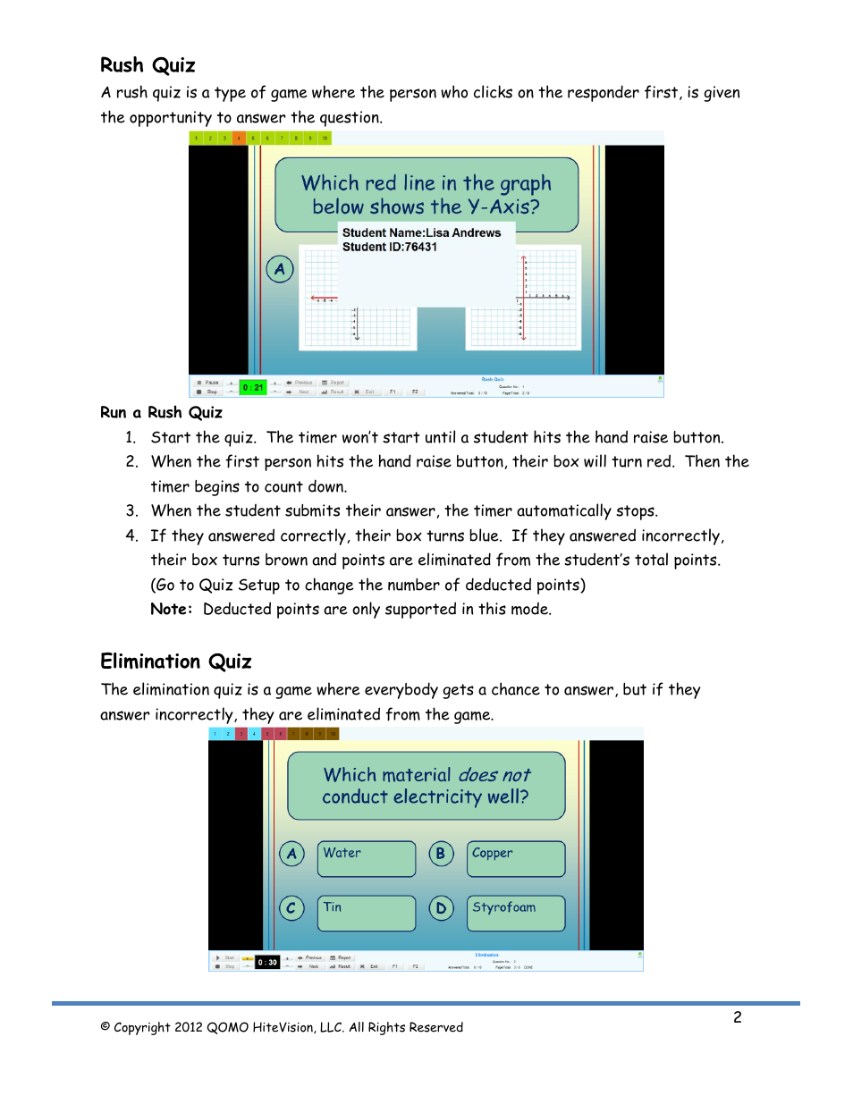 Rush quiz, Elimination quiz | QOMO QRF300 Activity Modes User Manual | Page 2 / 6