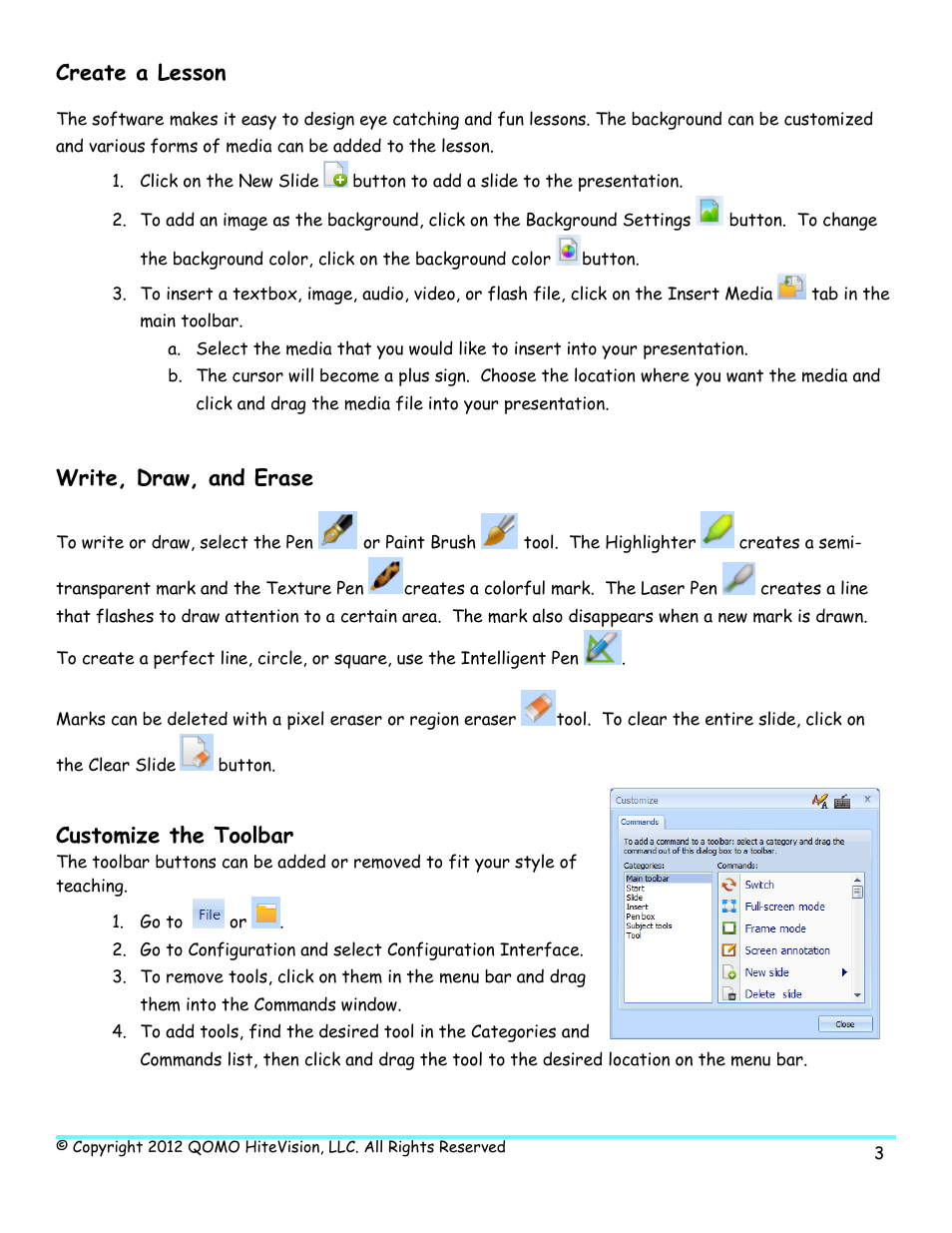 Create a lesson, Write, draw, and erase, Customize the toolbar | QOMO Flow!Works V2.8.0 User Manual | Page 3 / 5