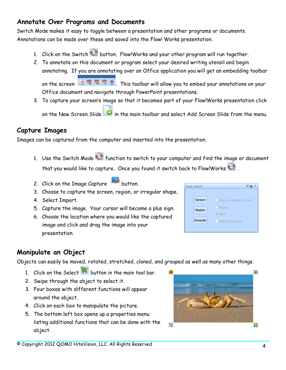 Annotate over programs and documents, Capture images, Manipulate an object | QOMO Flow!Works V2.8.0 User Manual | Page 4 / 5