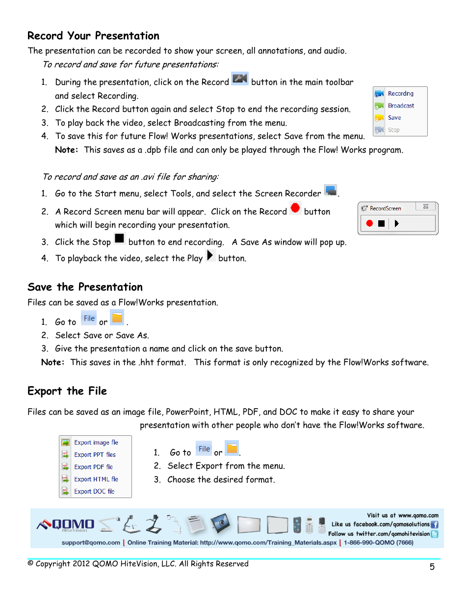 Record your presentation, Save the presentation, Export the file | QOMO Flow!Works V2.8.0 User Manual | Page 5 / 5