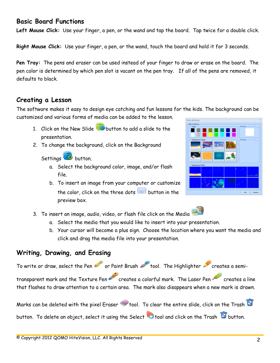 Basic board functions, Creating a lesson, Writing, drawing, and erasing | QOMO KidzFlow! Quick Guide User Manual | Page 2 / 5