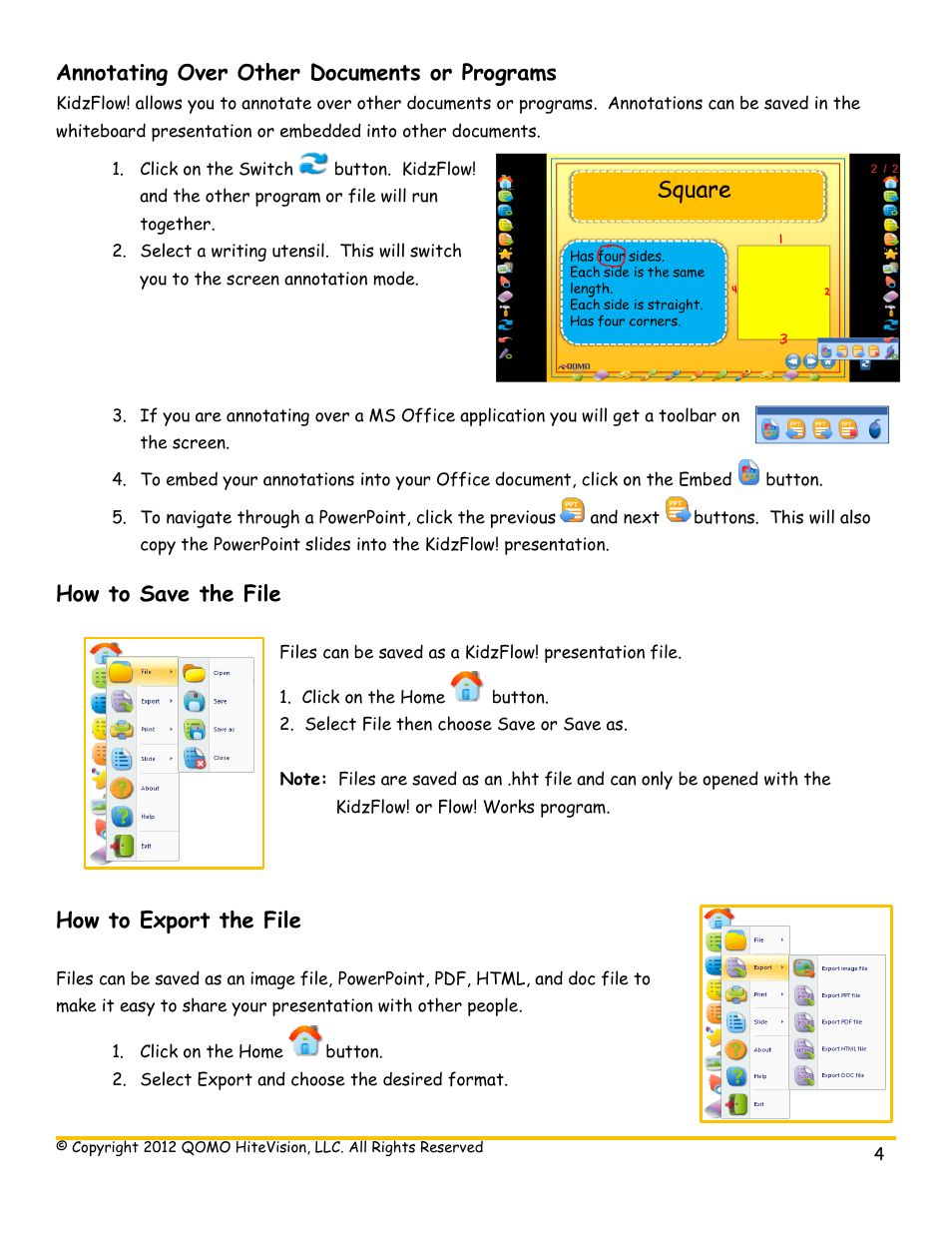 Annotating over other documents or programs, How to save the file, How to export the file | QOMO KidzFlow! Quick Guide User Manual | Page 4 / 5