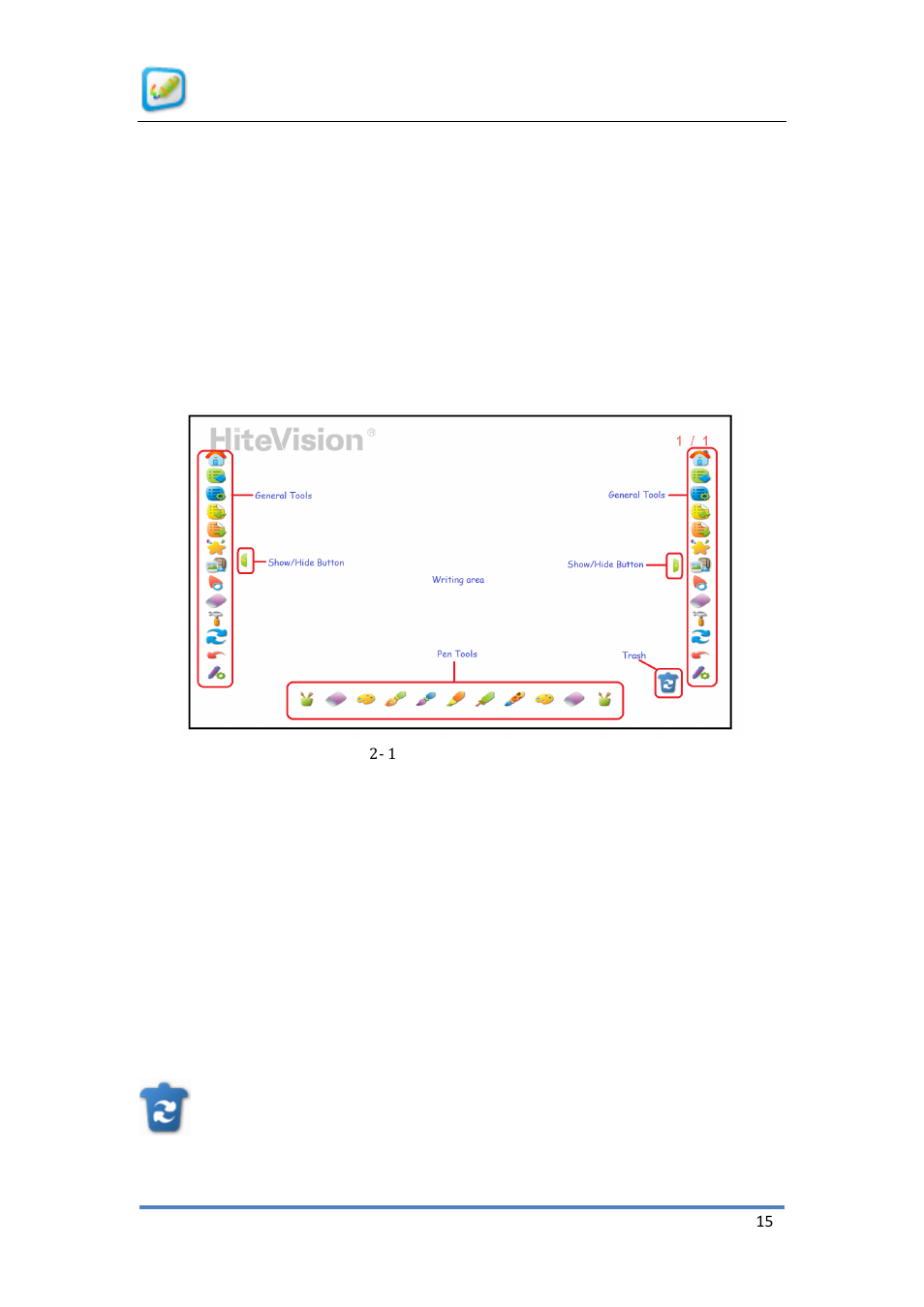 Part 2 overview of the software interface, Functions of the buttons on the main interface, Trash | Part 2, Overview of the software interface | QOMO KidzFlow! Manual User Manual | Page 15 / 59