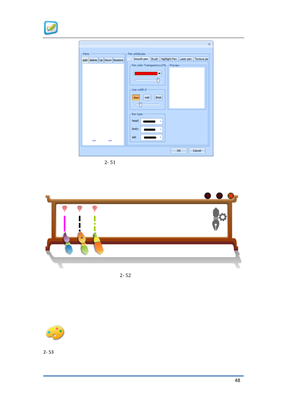 Palette, N figure, 51 setting of pen container dialog box | QOMO KidzFlow! Manual User Manual | Page 48 / 59