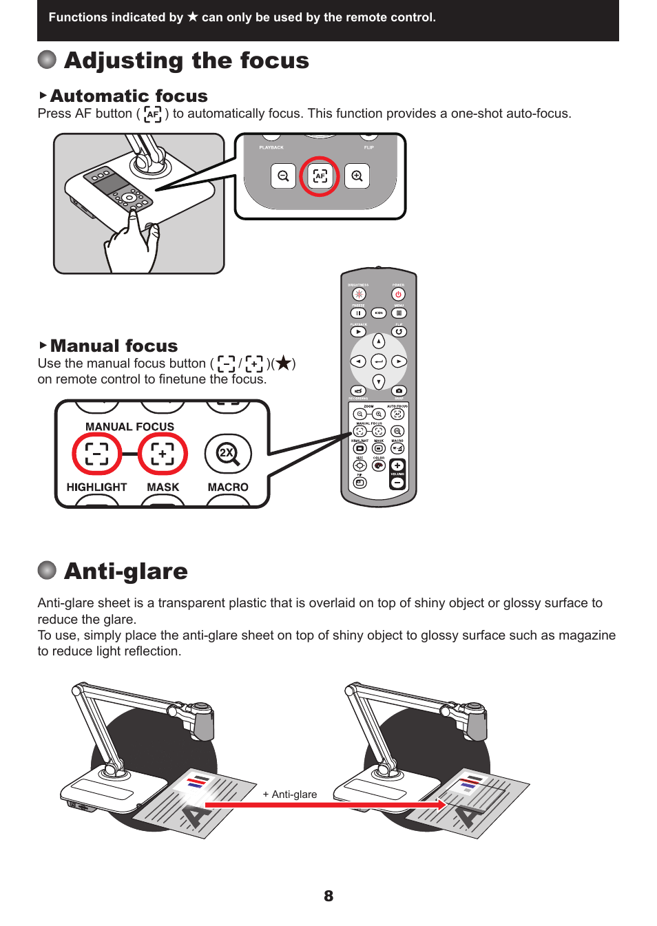 Adjusting the focus, Anti-glare | QOMO QPC60 User Manual | Page 10 / 28