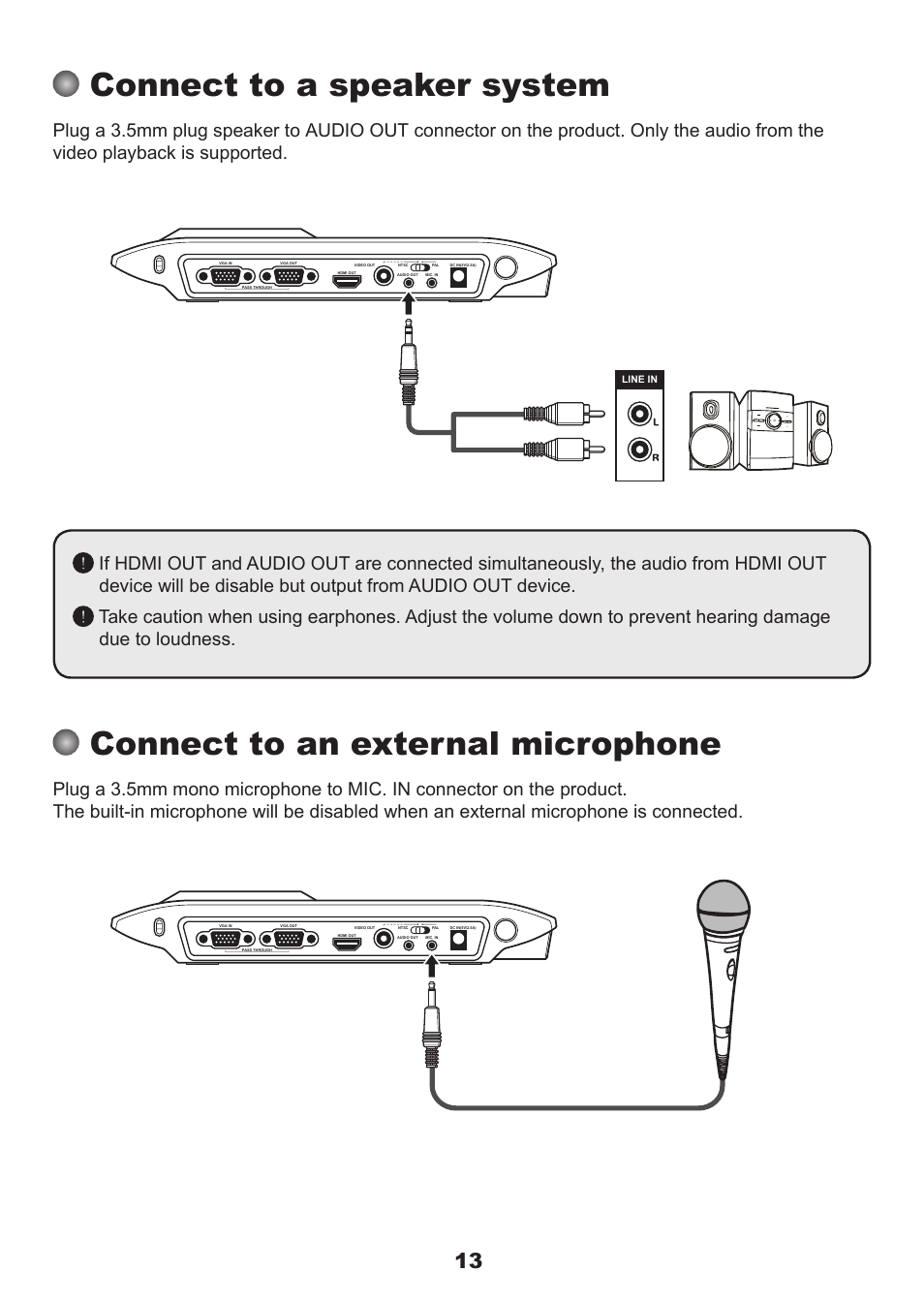 Connect to a speaker system, Connect to an external microphone | QOMO QPC60 User Manual | Page 15 / 28