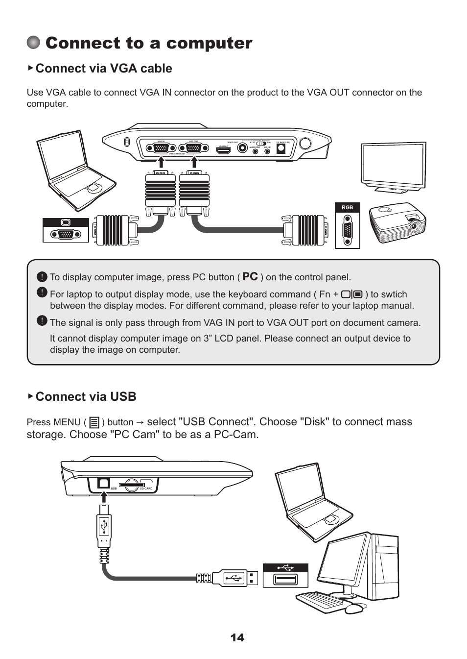 Connect to a computer, Connect via vga cable, Connect via usb | Press menu ( ) button | QOMO QPC60 User Manual | Page 16 / 28