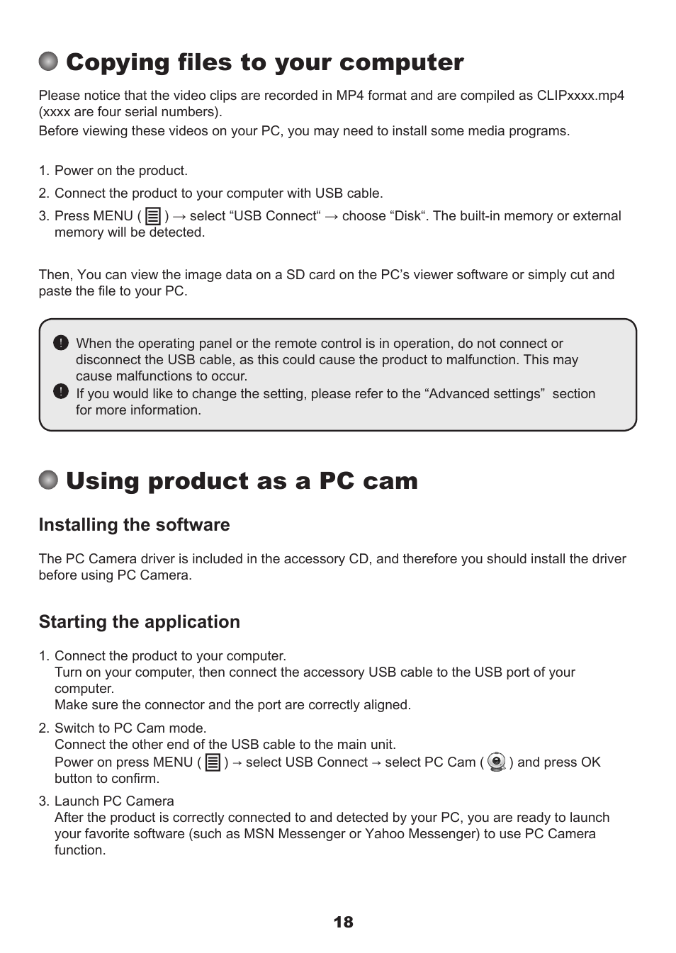 Copying files to your computer, Using product as a pc cam, Installing the software | Starting the application | QOMO QPC60 User Manual | Page 20 / 28