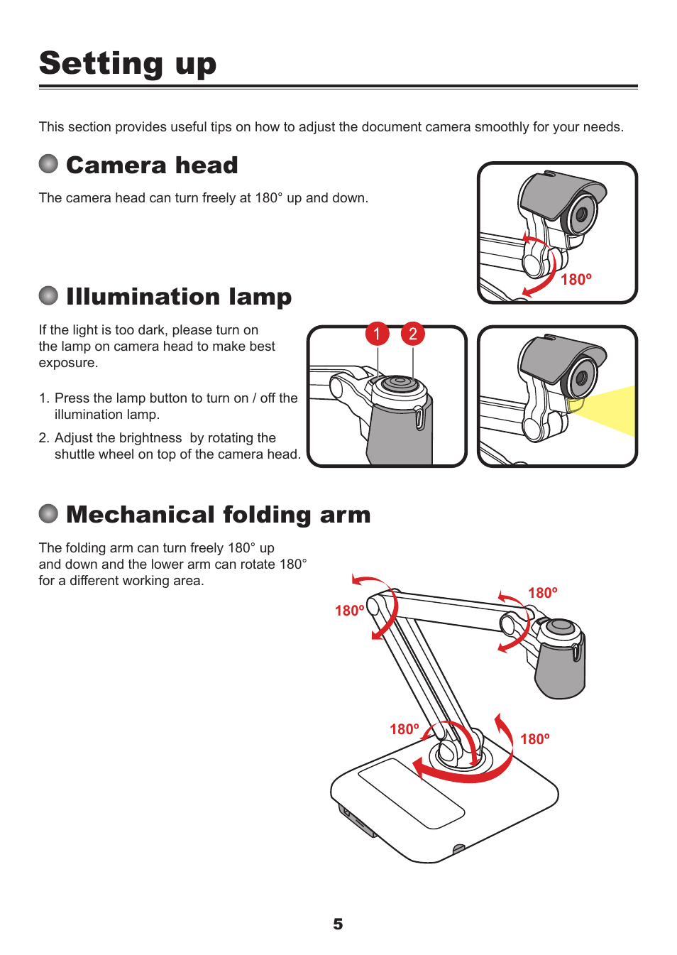 Setting up, Camera head, Illumination lamp | Mechanical folding arm | QOMO QPC60 User Manual | Page 7 / 28
