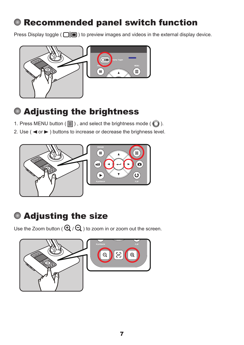 Recommended panel switch function, Adjusting the brightness, Adjusting the size | QOMO QPC60 User Manual | Page 9 / 28