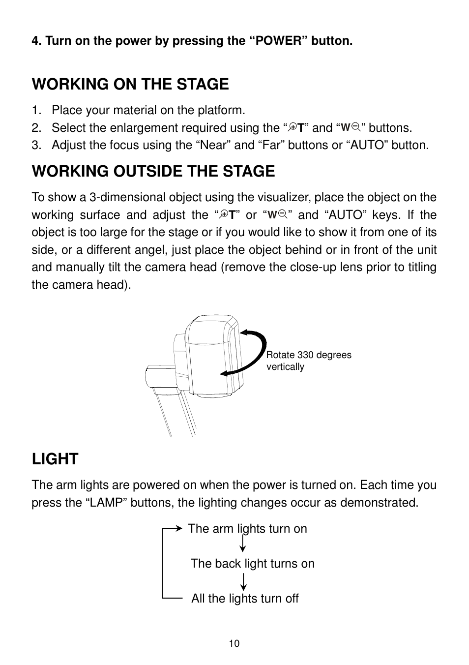 Working on the stage, Working outside the stage, Light | QOMO QD3300 User Manual | Page 10 / 23