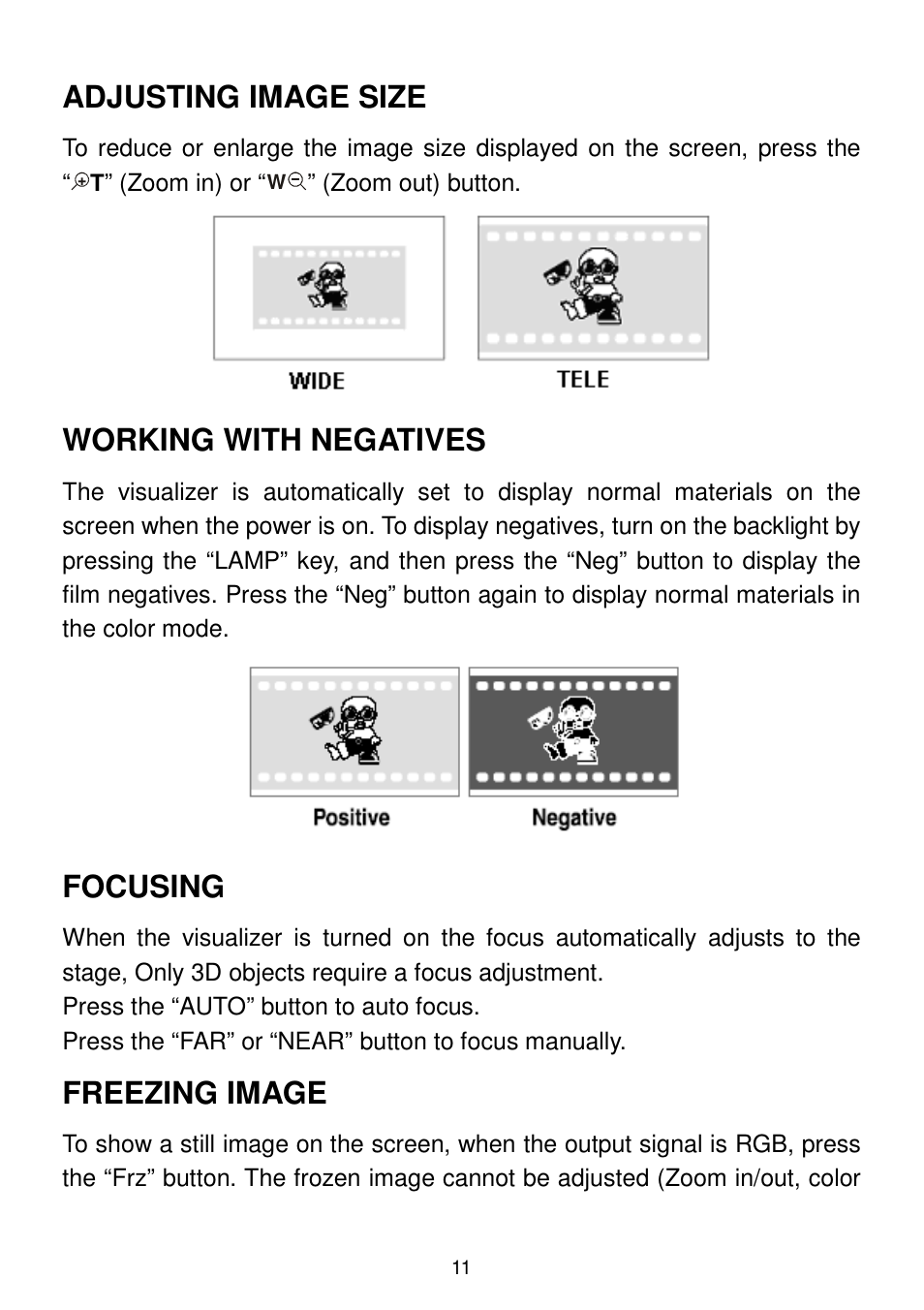 Adjusting image size, Working with negatives, Focusing | Freezing image | QOMO QD3300 User Manual | Page 11 / 23