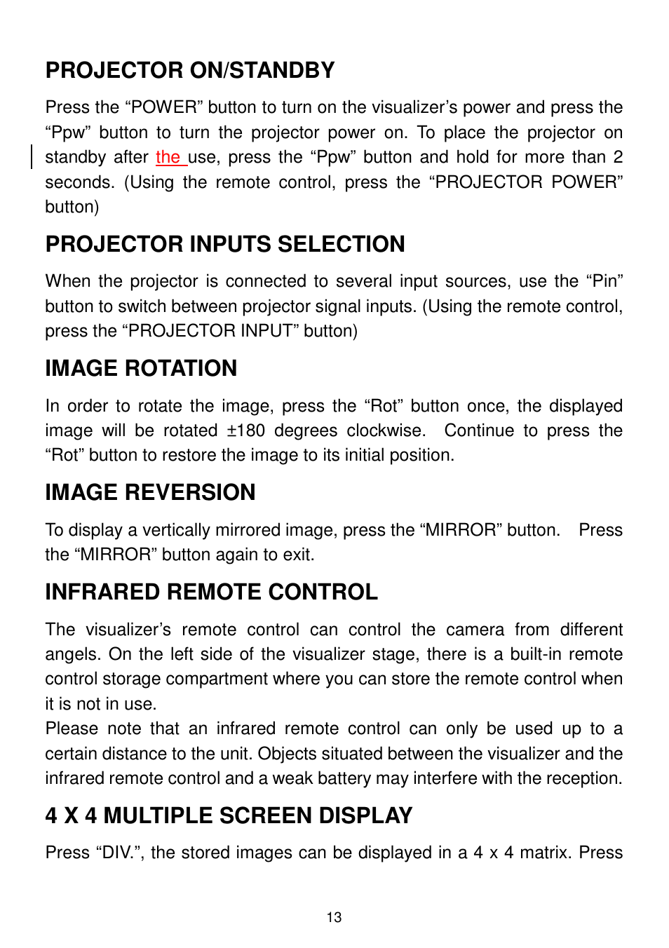Projector on/standby, Projector inputs selection, Image rotation | Image reversion, Infrared remote control, 4 x 4 multiple screen display | QOMO QD3300 User Manual | Page 13 / 23