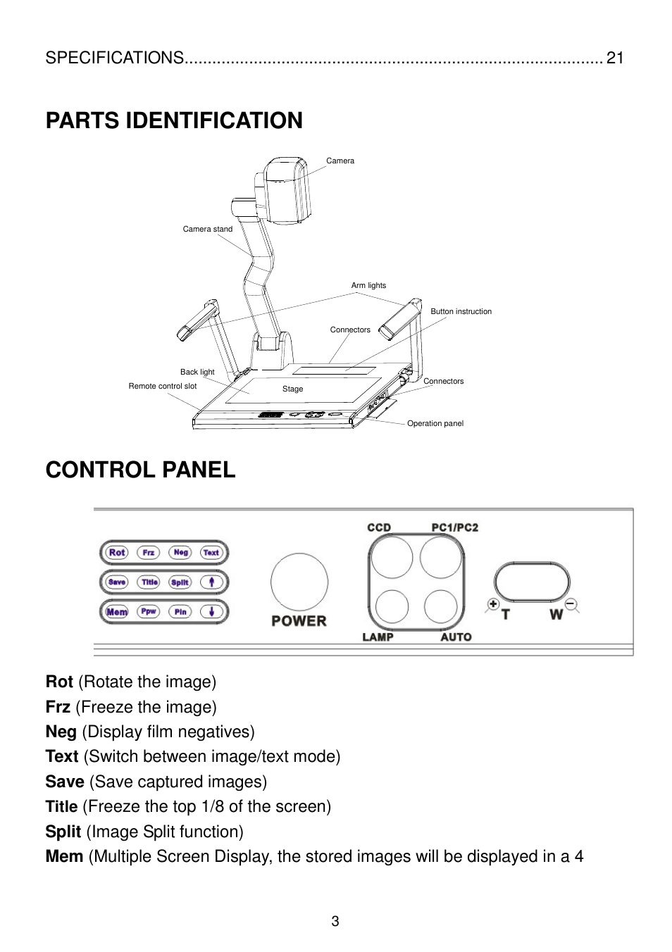 Parts identification, Control panel | QOMO QD3300 User Manual | Page 3 / 23