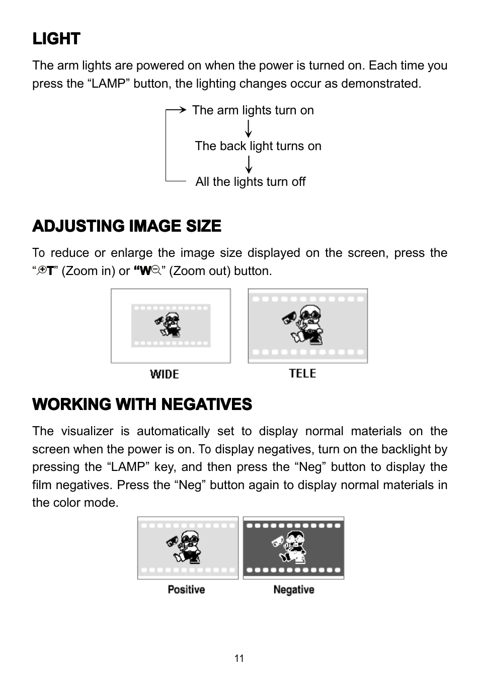 Adjustingimagesize, Workingwithnegatives, Light | Adjusting image size, Working with negatives, Adjusting, Working | QOMO QD3800 User Manual | Page 12 / 25