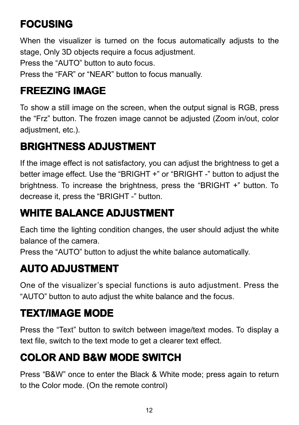 Focusing, Freezingimage, Brightnessadjustment | Whitebalanceadjustment, Autoadjustment, Text/imagemode, Colorandb&wmodeswitch, Freezing image, Brightness adjustment, White balance adjustment | QOMO QD3800 User Manual | Page 13 / 25