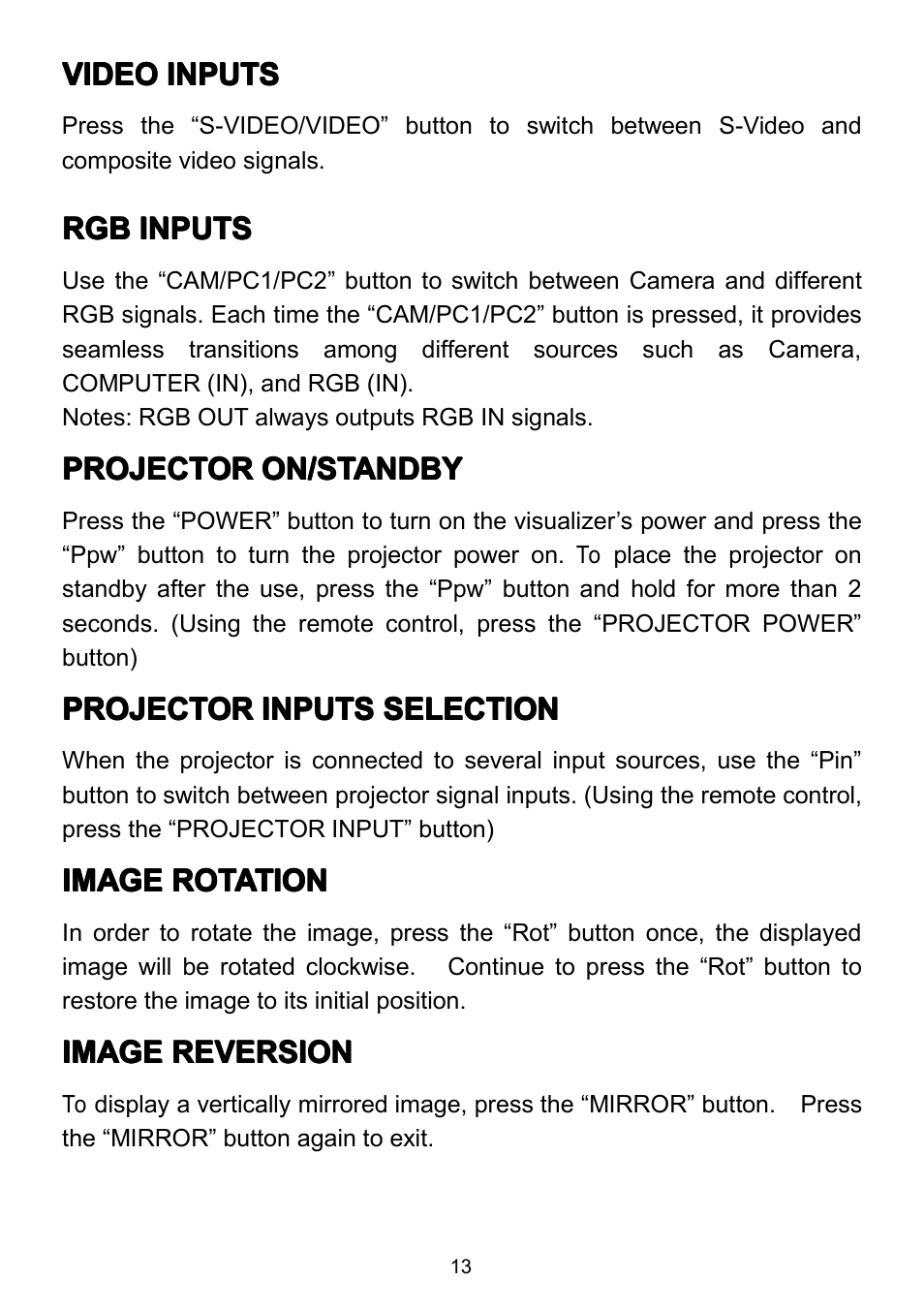 Videoinputs, Rgbinputs, Projectoron/standby | Projectorinputsselection, Imagerotation, Imagereversion, Video inputs, Rgb inputs, Projector on/standby, Projector inputs selection | QOMO QD3800 User Manual | Page 14 / 25