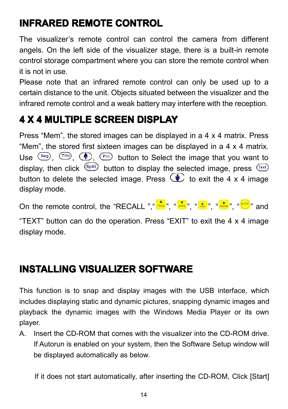 Infraredremotecontrol, 4x4multiplescreendisplay, Installingvisualizersoftware | Infrared remote control, 4 x 4 multiple screen display, Installing visualizer software | QOMO QD3800 User Manual | Page 15 / 25