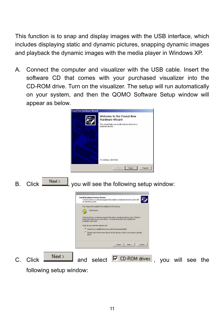Installing qomo visualizer software | QOMO QD1200 User Manual | Page 11 / 26
