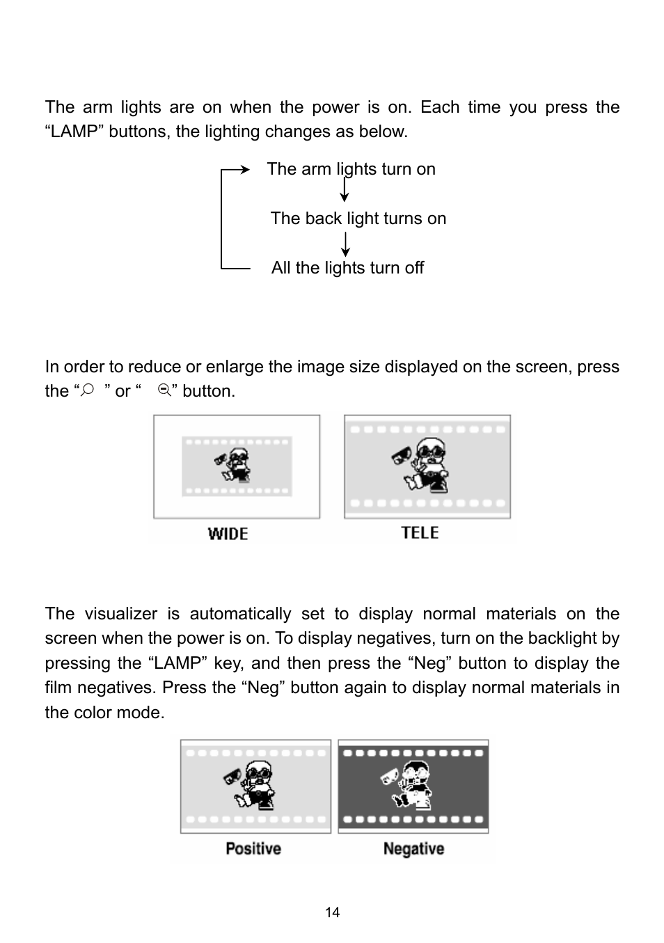 Light, Adjusting image size, Working with negatives | Light adjusting image size working with negatives | QOMO QD1200 User Manual | Page 14 / 26