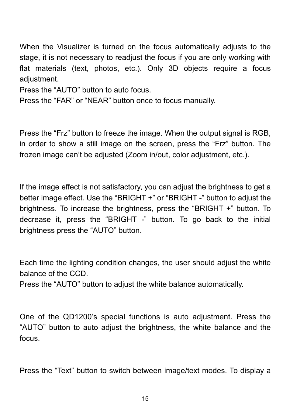 Focusing, Freezing image, Brightness adjustment | White balance adjustment, Auto adjustment, Text/image mode | QOMO QD1200 User Manual | Page 15 / 26