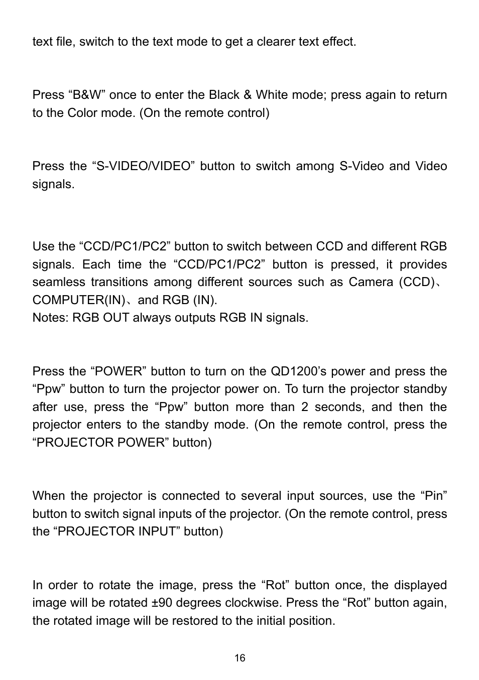 Color and b&w mode switch, Switchable video inputs, Switchable rgb inputs | Projector on/standby, Projector inputs selection, Image rotation | QOMO QD1200 User Manual | Page 16 / 26