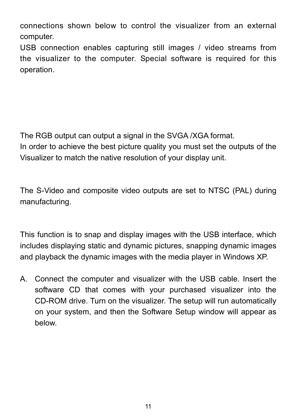 Output mode and vertical frequency (60hz), Pal/ntsc video outputs, Installing visualizer software | QOMO QD1600 User Manual | Page 11 / 28