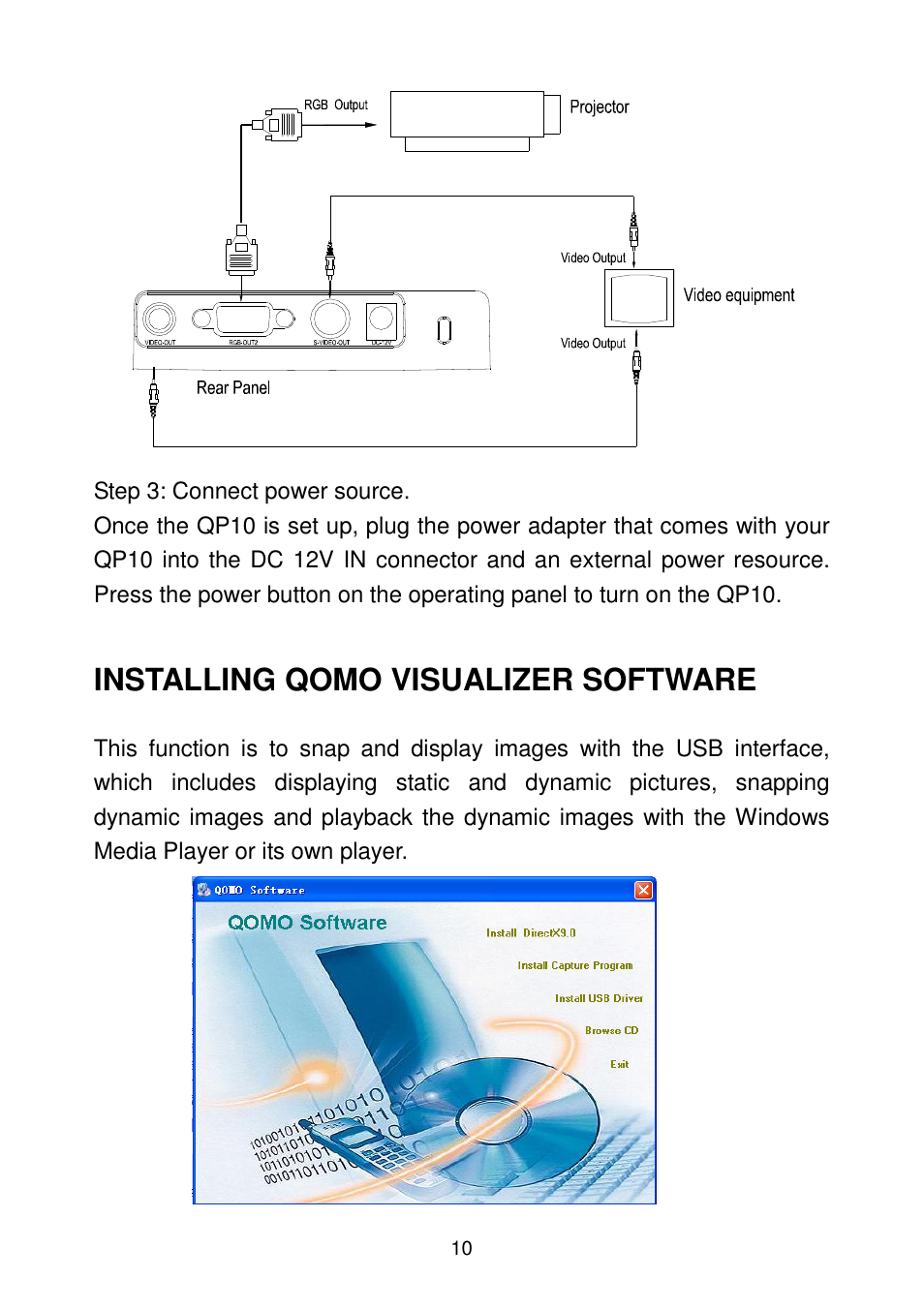 Installing qomo visualizer software | QOMO QP10 User Manual | Page 10 / 17