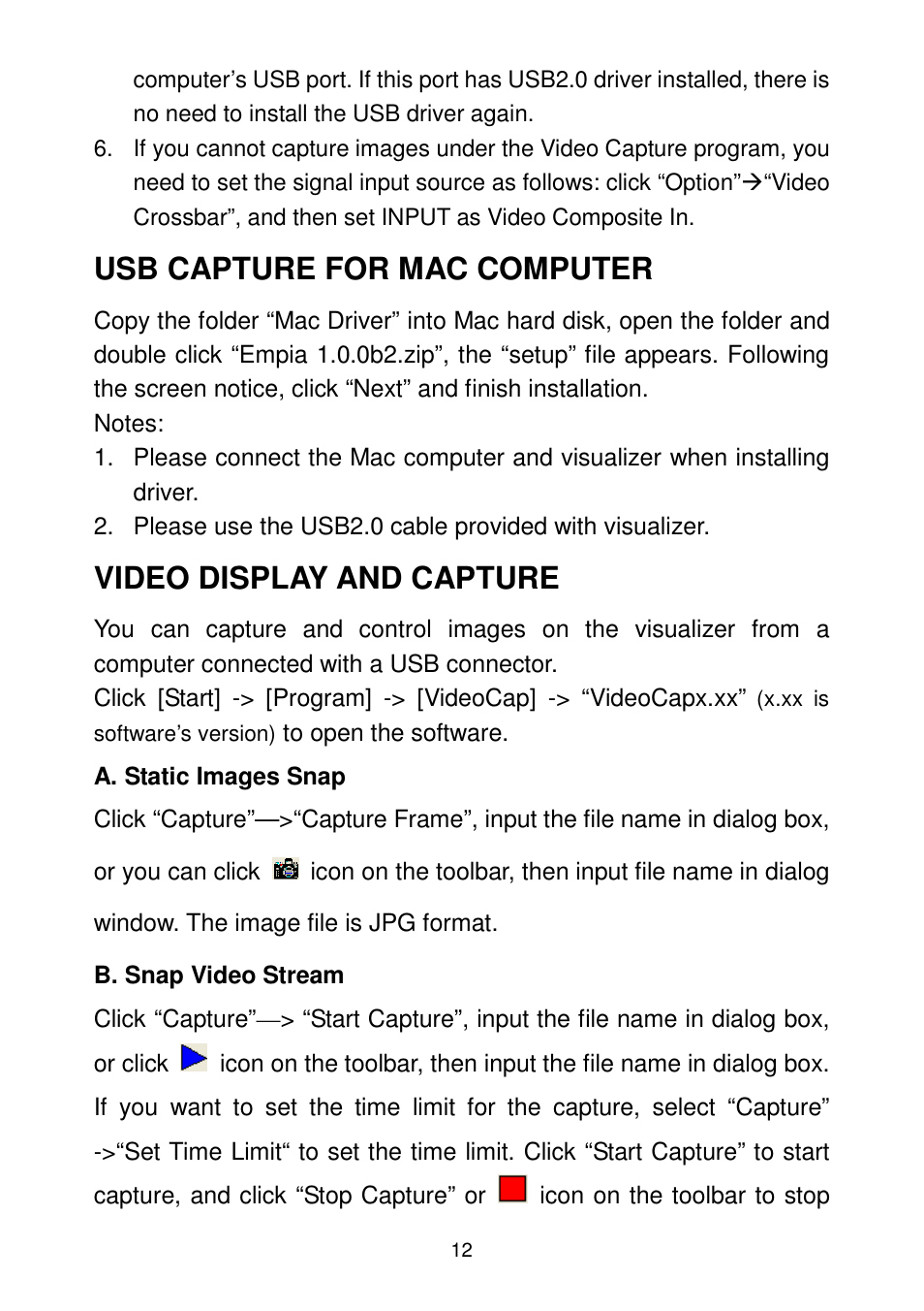 Usb capture for mac computer, Video display and capture | QOMO QP10 User Manual | Page 12 / 17