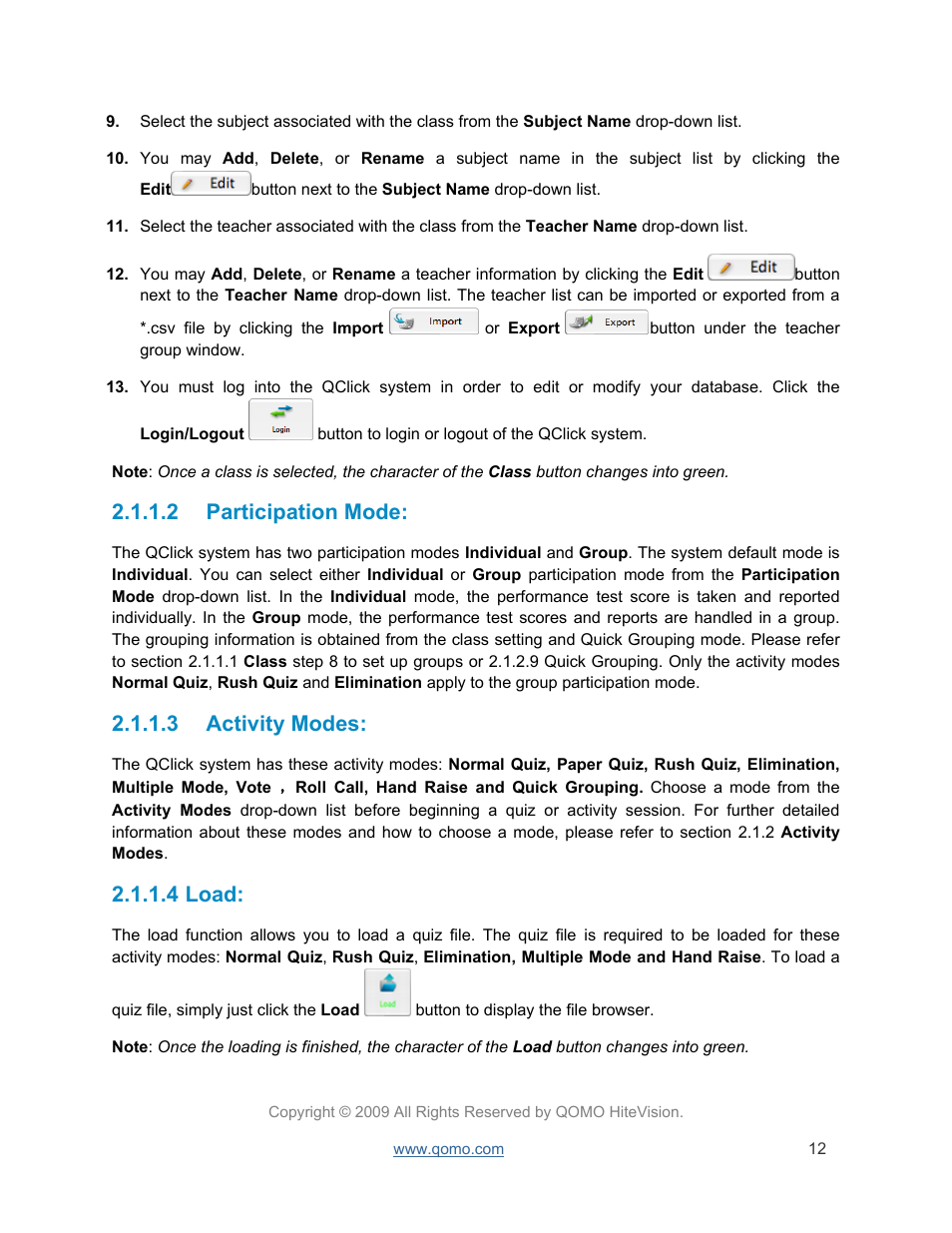 Participation mode, Activity modes, Load | 2 participation mode, 3 activity modes, 4 load | QOMO QRF300 User Manual | Page 12 / 77