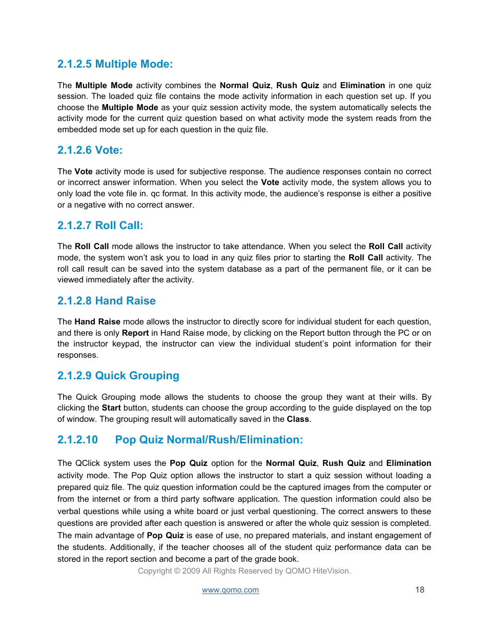 Multiple mode, Vote, Roll call | Hand raise, Quick grouping, Pop quiz normal/rush/elimination | QOMO QRF300 User Manual | Page 18 / 77