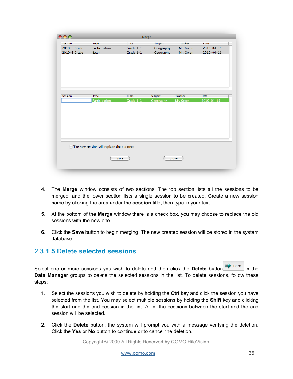 Delete selected sessions, 5 delete selected sessions | QOMO QRF300 User Manual | Page 35 / 77