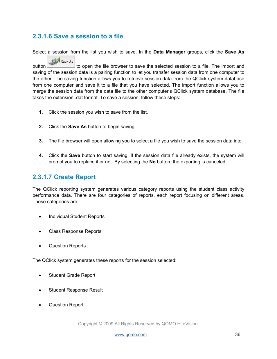 Save a session to a file, Create report, 6 save a session to a file | 7 create report | QOMO QRF300 User Manual | Page 36 / 77