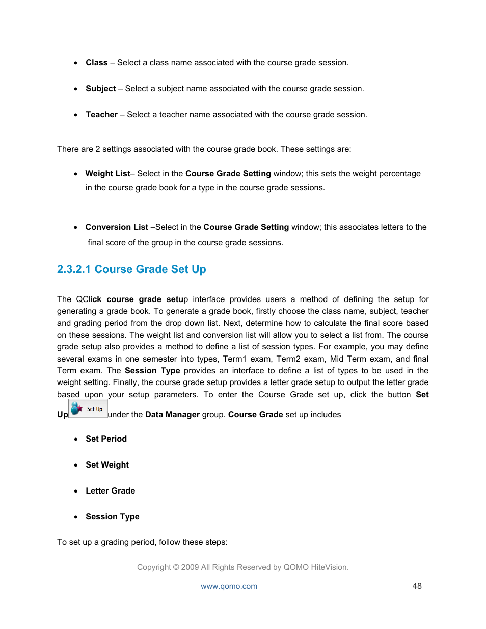 Course grade set up, 1 course grade set up | QOMO QRF300 User Manual | Page 48 / 77