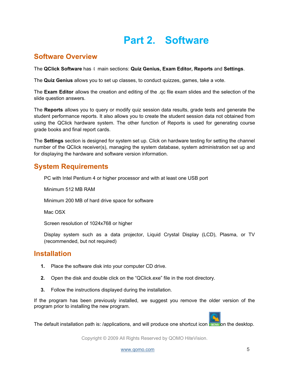 Software, Part 2, Software overview | System requirements, Installation, Part 2. software | QOMO QRF300 User Manual | Page 5 / 77