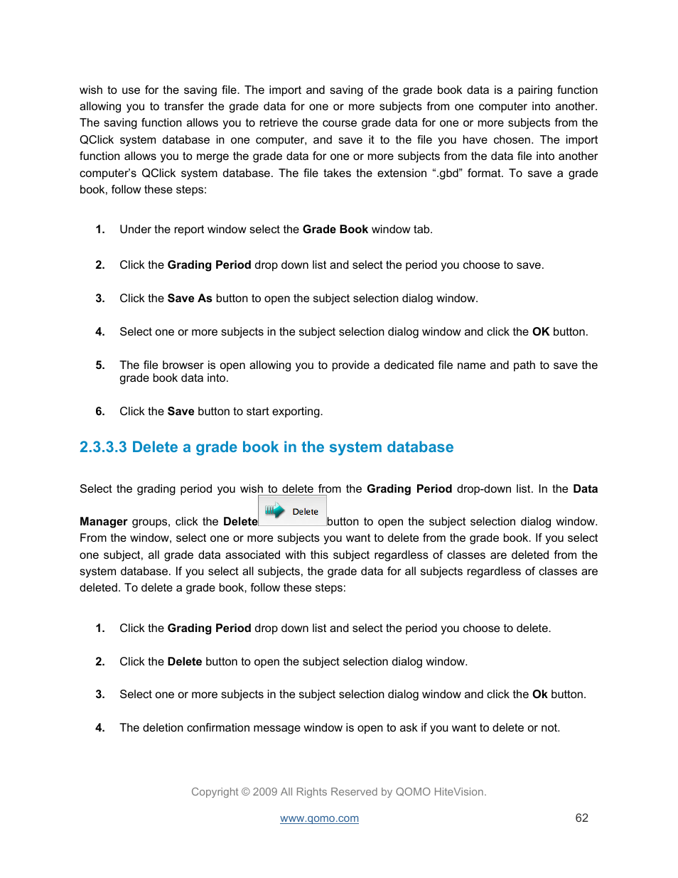 Delete a grade book in the system database, 3 delete a grade book in the system database | QOMO QRF300 User Manual | Page 62 / 77