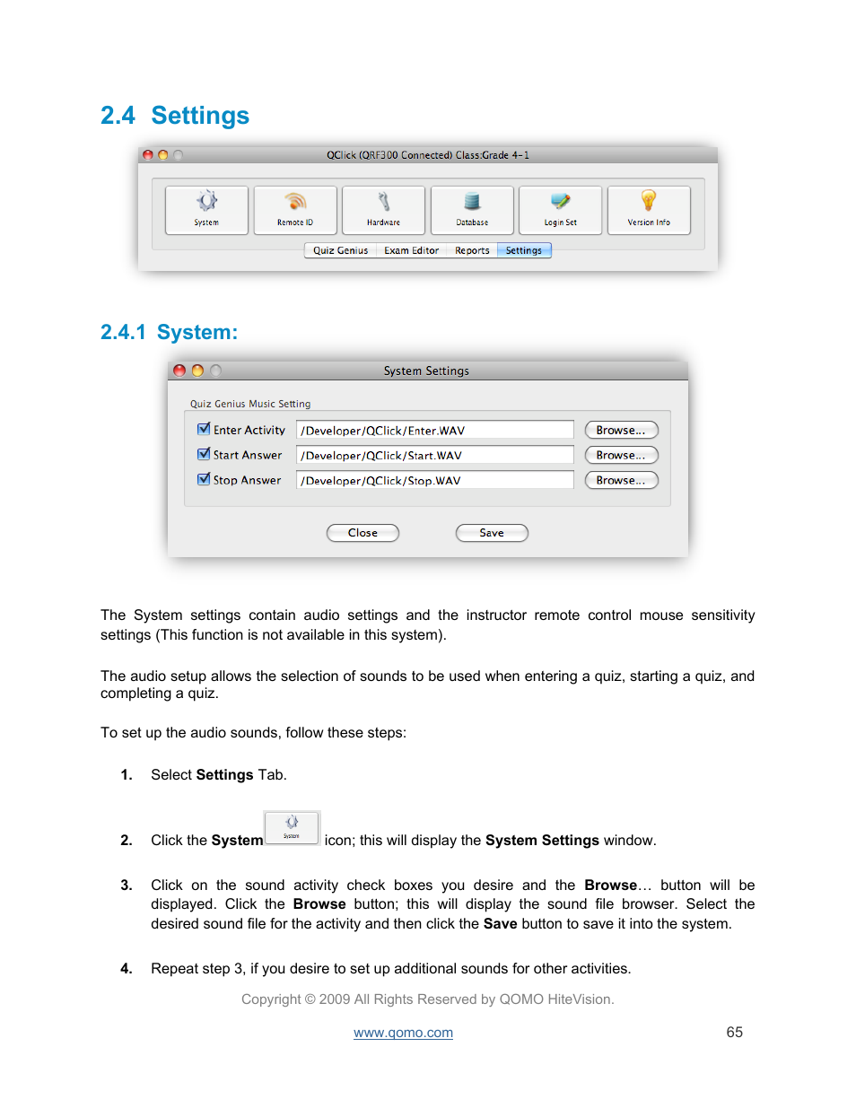 Settings, System, 4 settings | 1 system | QOMO QRF300 User Manual | Page 65 / 77
