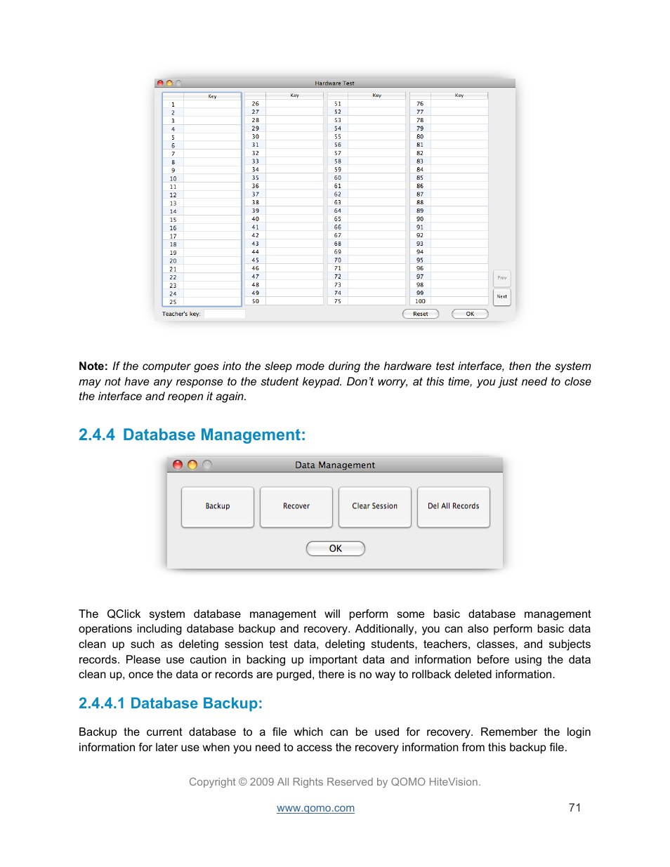 Database management, Database backup, 4 database management | 1 database backup | QOMO QRF300 User Manual | Page 71 / 77