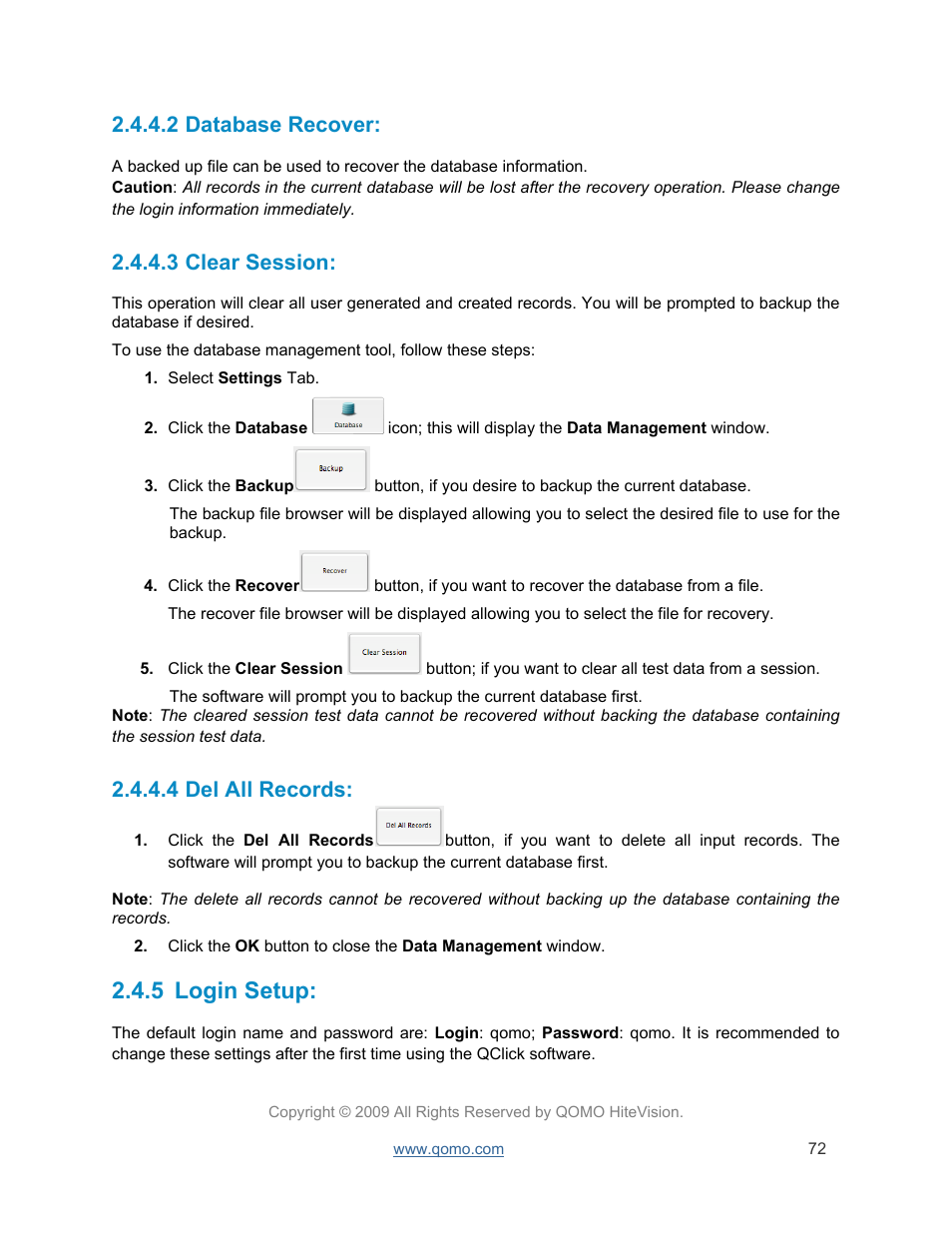 Database recover, Clear session, Del all records | Login setup, 5 login setup, 2 database recover, 3 clear session, 4 del all records | QOMO QRF300 User Manual | Page 72 / 77
