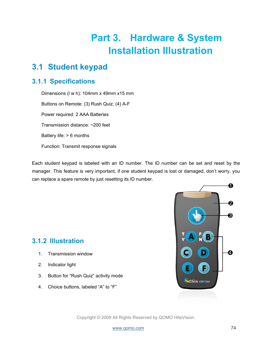 Hardware & system installation illustration, Student keypad, Specifications | Illustration, Part 3, 1 student keypad, 1 specifications, 2 illustration | QOMO QRF300 User Manual | Page 74 / 77