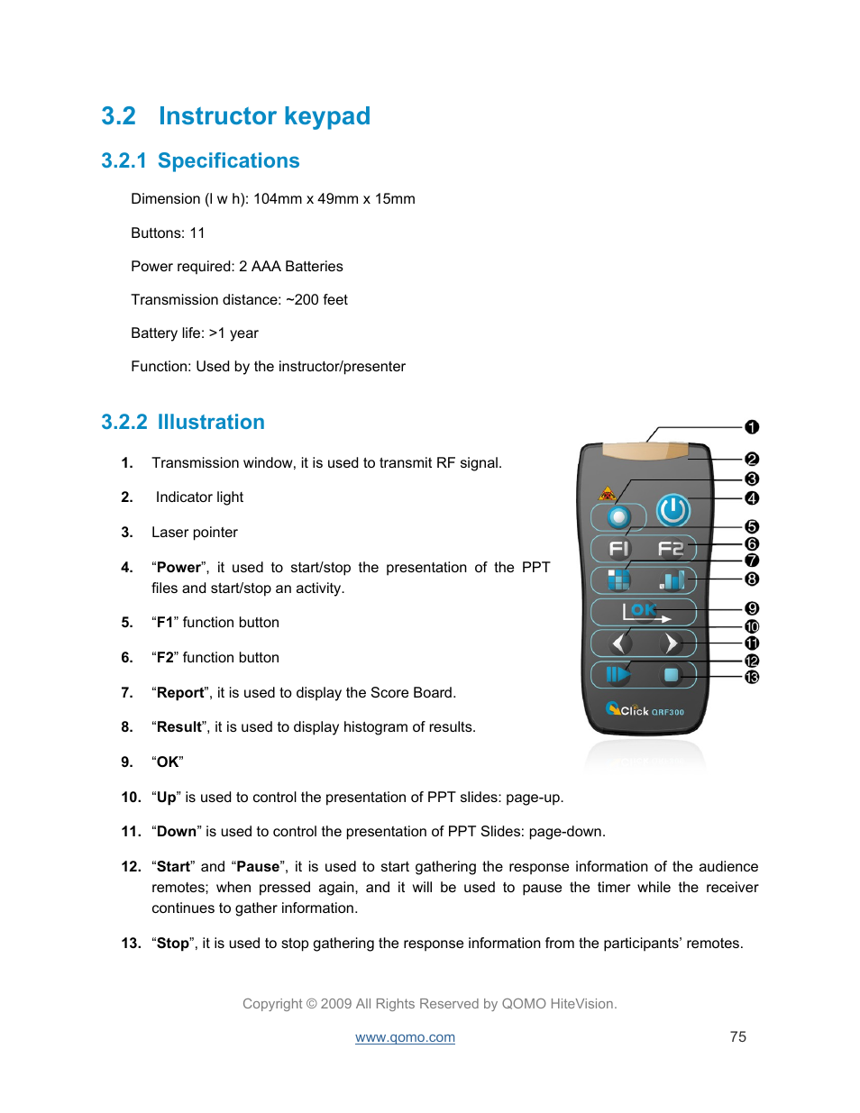 Instructor keypad, Specifications, Illustration | 2 instructor keypad, 1 specifications, 2 illustration | QOMO QRF300 User Manual | Page 75 / 77