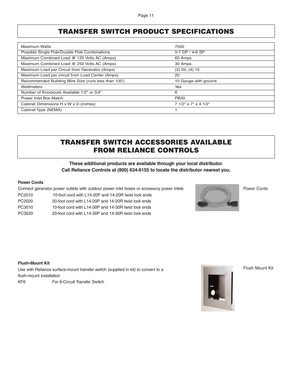 Transfer switch product specifications | Reliance Controls 3006HDK User Manual | Page 12 / 16