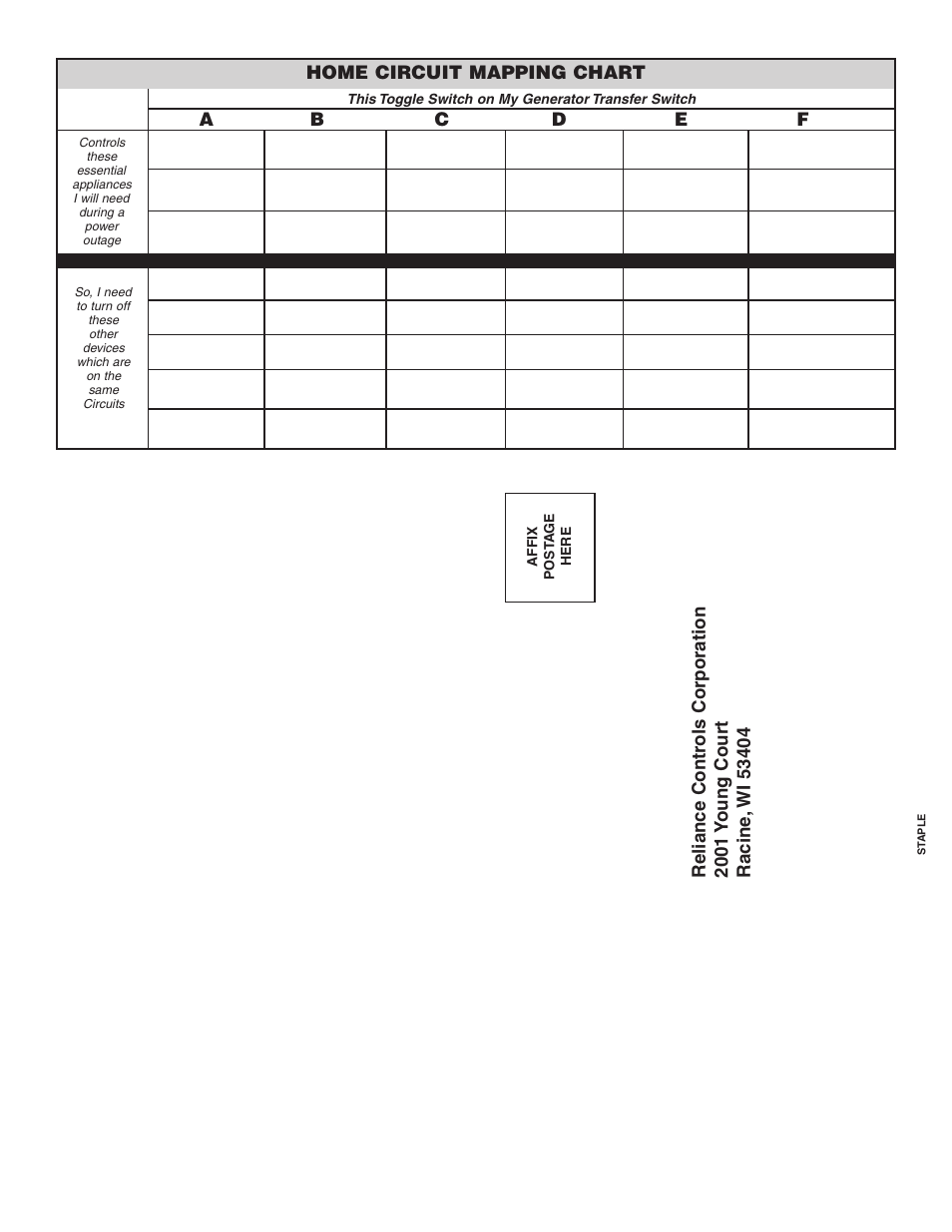 Home circuit mapping chart | Reliance Controls 3006HDK User Manual | Page 14 / 16