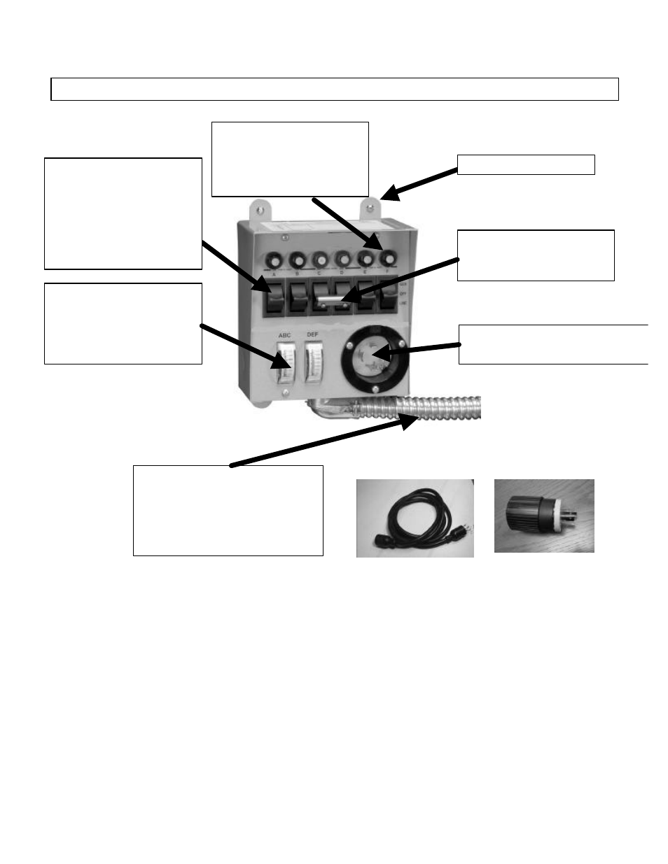 Circuit breakers, Wattmeters, Handle tie | Pre-wired flexible conduit whip, 30 amp twist-lock power cord, 20 amp interchangeable power cord plug, Mounting brackets generator cord power inlet, Circuit selector toggle switches | Reliance Controls 30216BRK User Manual | Page 4 / 12