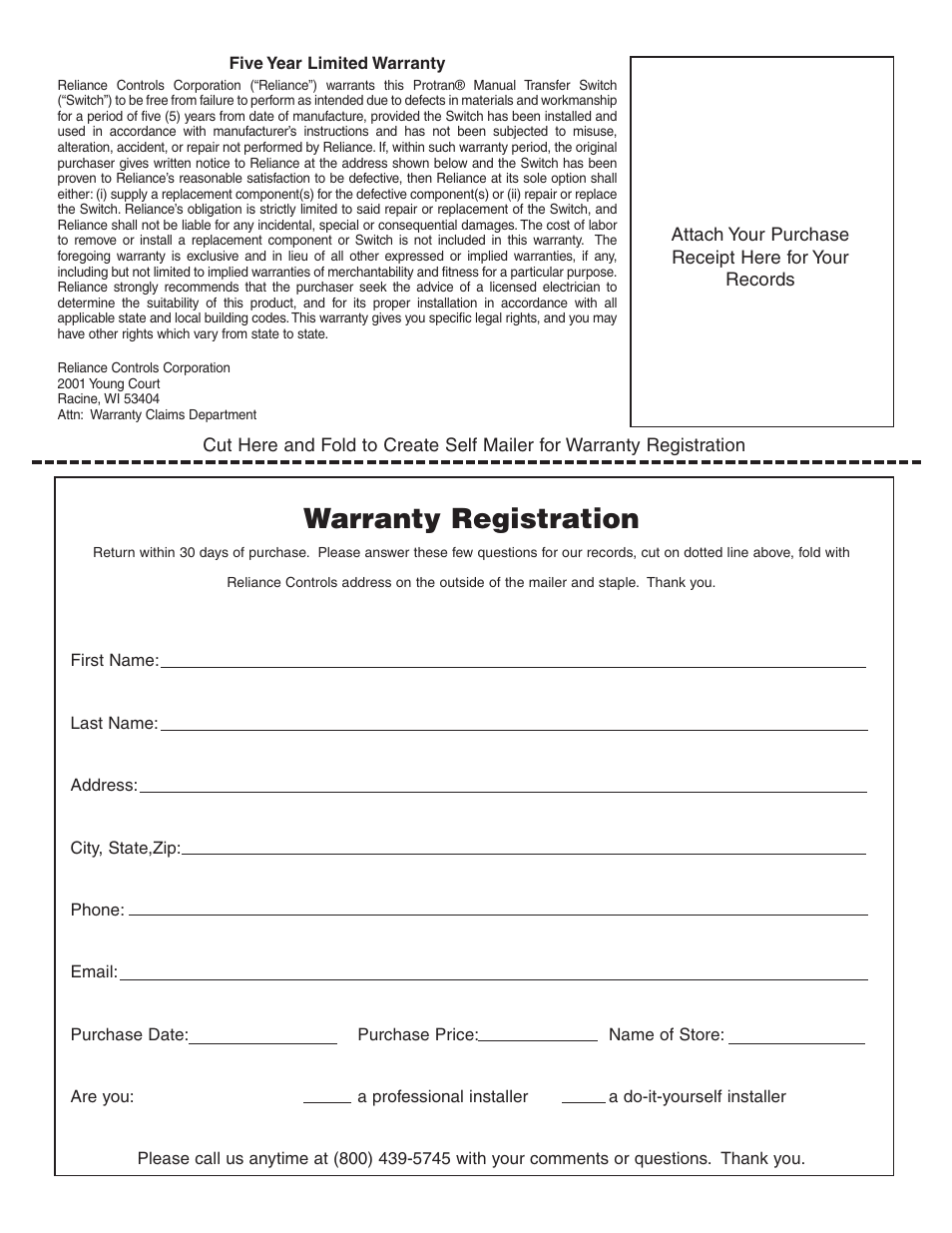 Warranty registration | Reliance Controls 31406CRK User Manual | Page 13 / 14