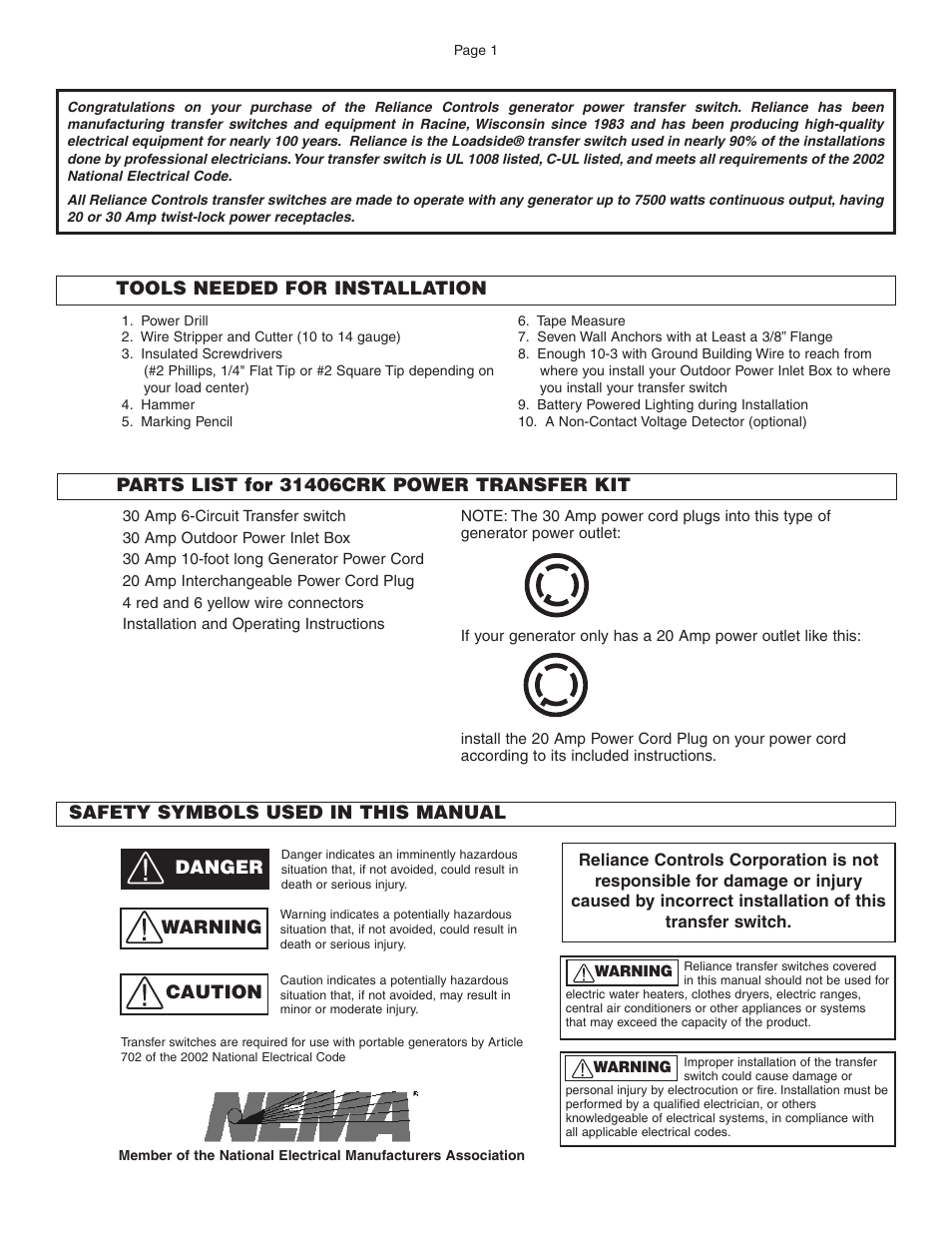 Reliance Controls 31406CRK User Manual | Page 2 / 14